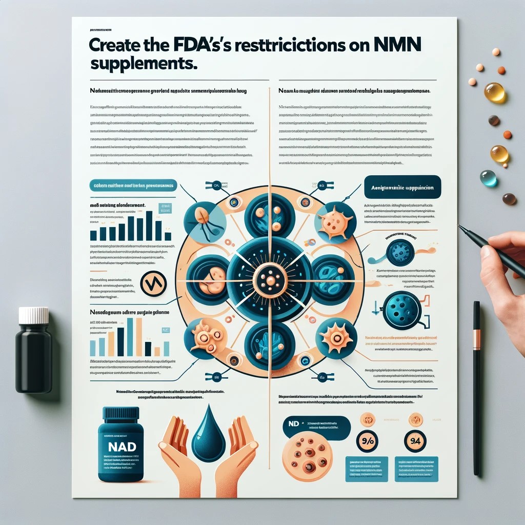 Infographic summarizing FDA restrictions on NMN supplements and introducing NAD as an effective alternative for cellular health and anti-aging.