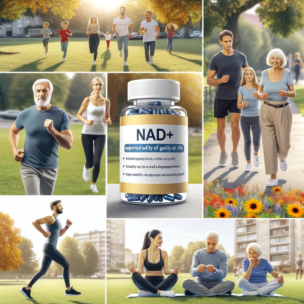 Images of people of various ages engaging in vitality and health-promoting activities, representing the benefits of NAD+ supplementation.