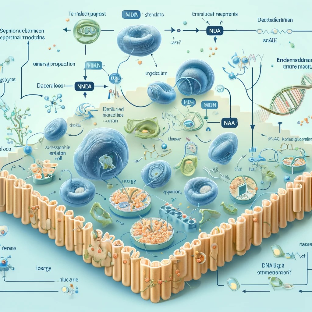 Detailed diagram showing NAD+ role in energy production, DNA repair, and conversion from NMN, highlighting the decrease in NAD+ levels with age.