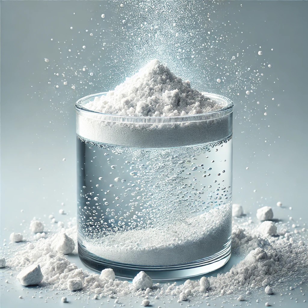 Water-soluble Magnesium L-Threonate powder dissolving in a glass of water, showing clear dissolution with no residues