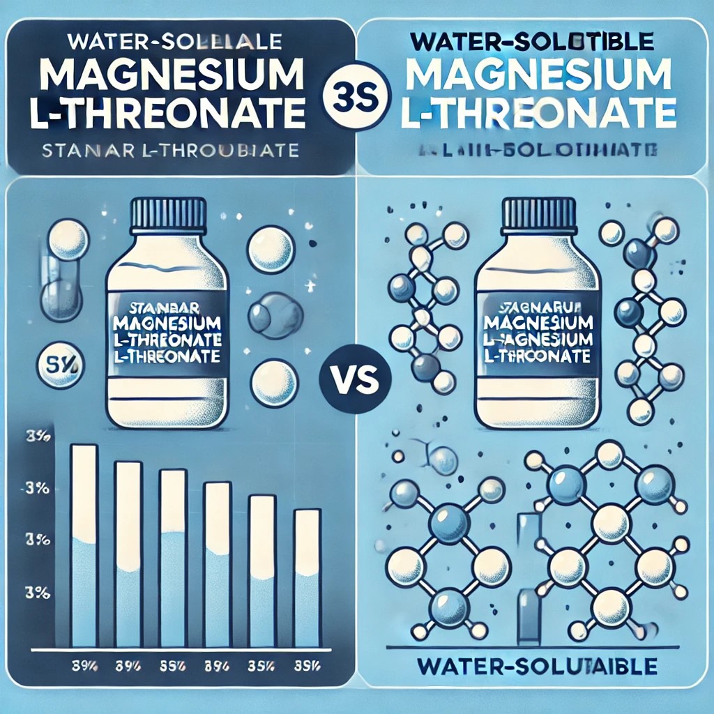 Infographic comparing the solubility of standard Magnesium L-Threonate and water-soluble Magnesium L-Threonate, showing higher solubility for the water-soluble version.