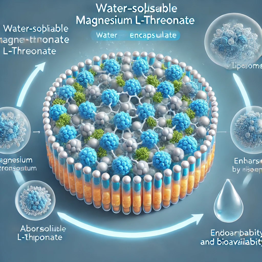 Diagram showing the liposomal encapsulation process for water-soluble Magnesium L-Threonate, demonstrating enhanced absorption and bioavailability in the body.