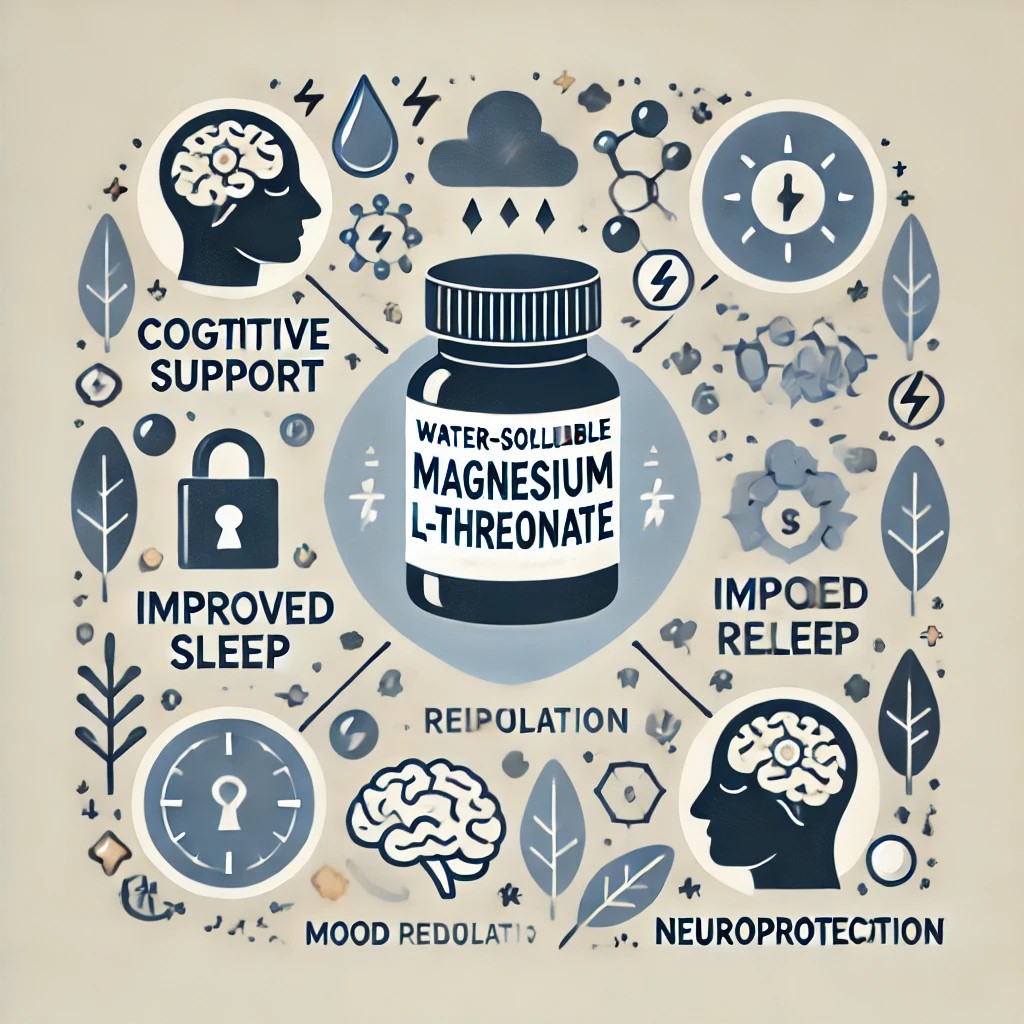 Visual representation of the benefits of water-soluble Magnesium L-Threonate, including cognitive support, improved sleep, mood regulation, and neuroprotection with clear icons and brief labels.