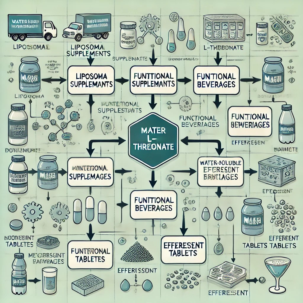 Flowchart illustrating the various applications of water-soluble Magnesium L-Threonate, including liposomal supplements, functional beverages, and effervescent tablets connected to the central node.