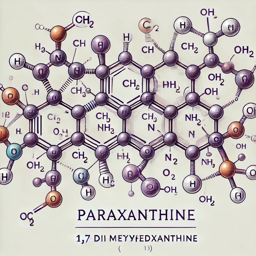 A detailed molecular structure diagram of Paraxanthine (1,7-Dimethylxanthine) with labeled atoms (C, H, N, O), presented on a clean white background.
