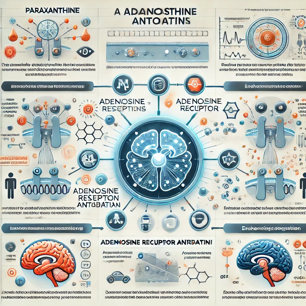 An infographic illustrating the mechanism of Paraxanthine as an adenosine receptor antagonist, showing its effects on neurotransmitters and cognitive function.