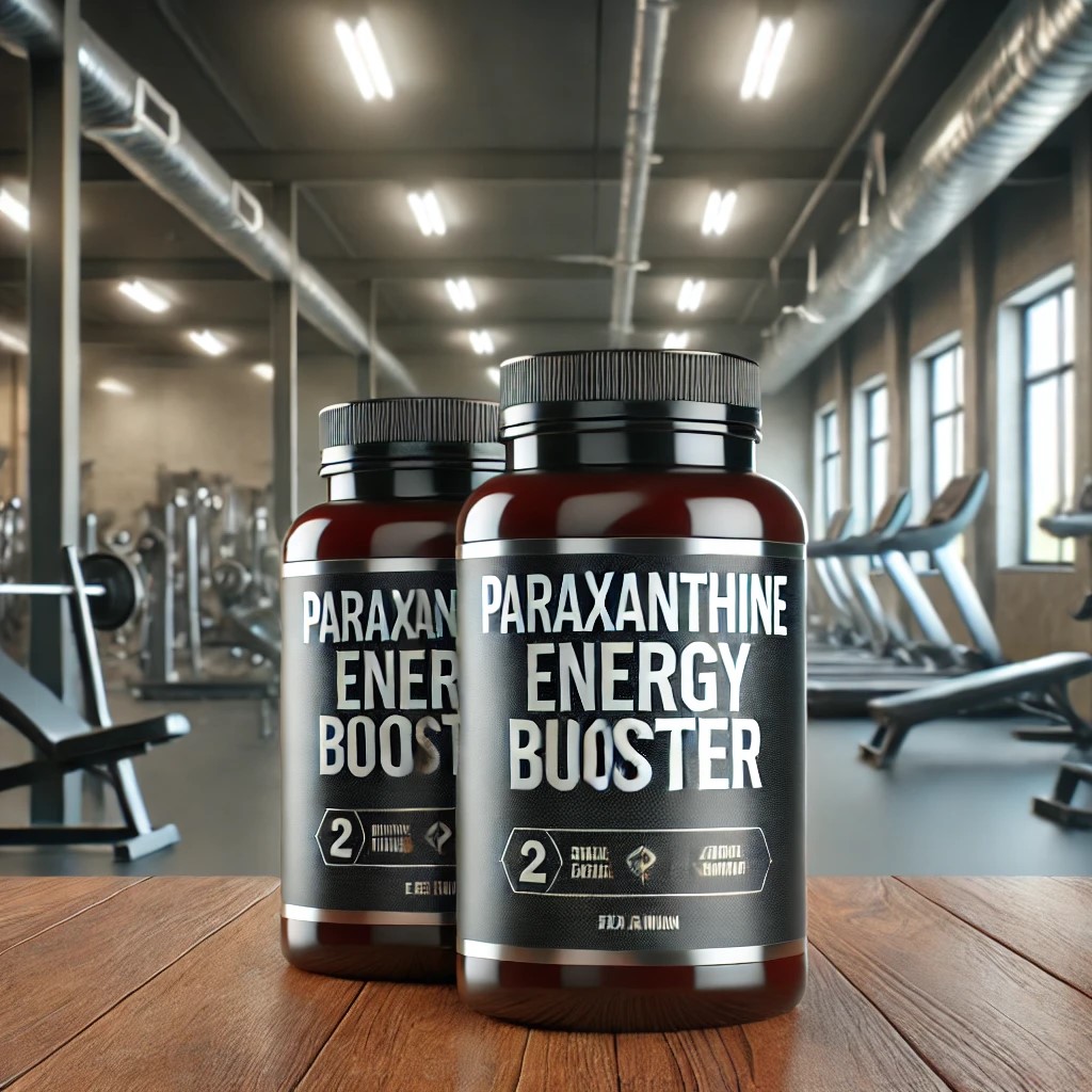 Energy supplement bottles labeled with "Paraxanthine Energy Booster," placed on a wooden table with a fitness gym in the background.