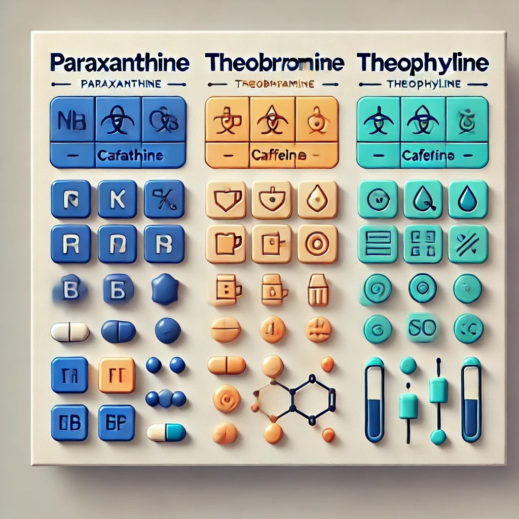 A clean and visually appealing comparison graphic showing the differences between Paraxanthine, caffeine, theobromine, and theophylline.