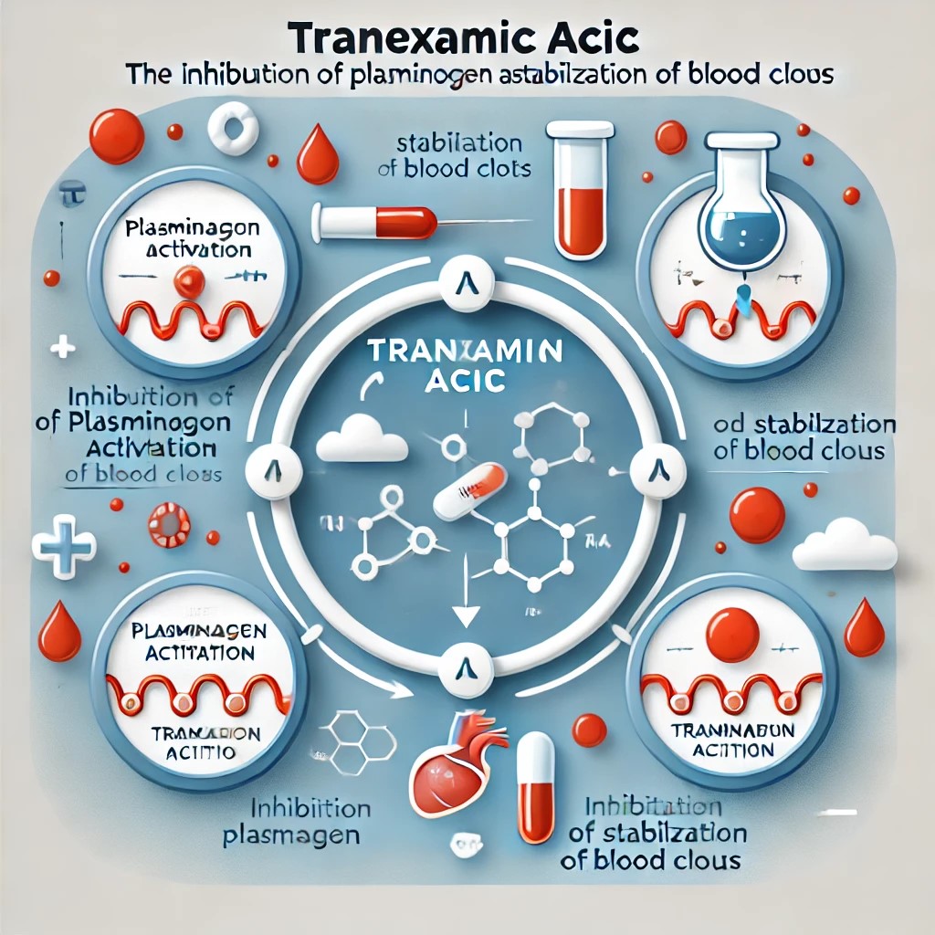 Mechanism of Tranexamic Acid in stabilizing blood clots and preventing hemorrhage.