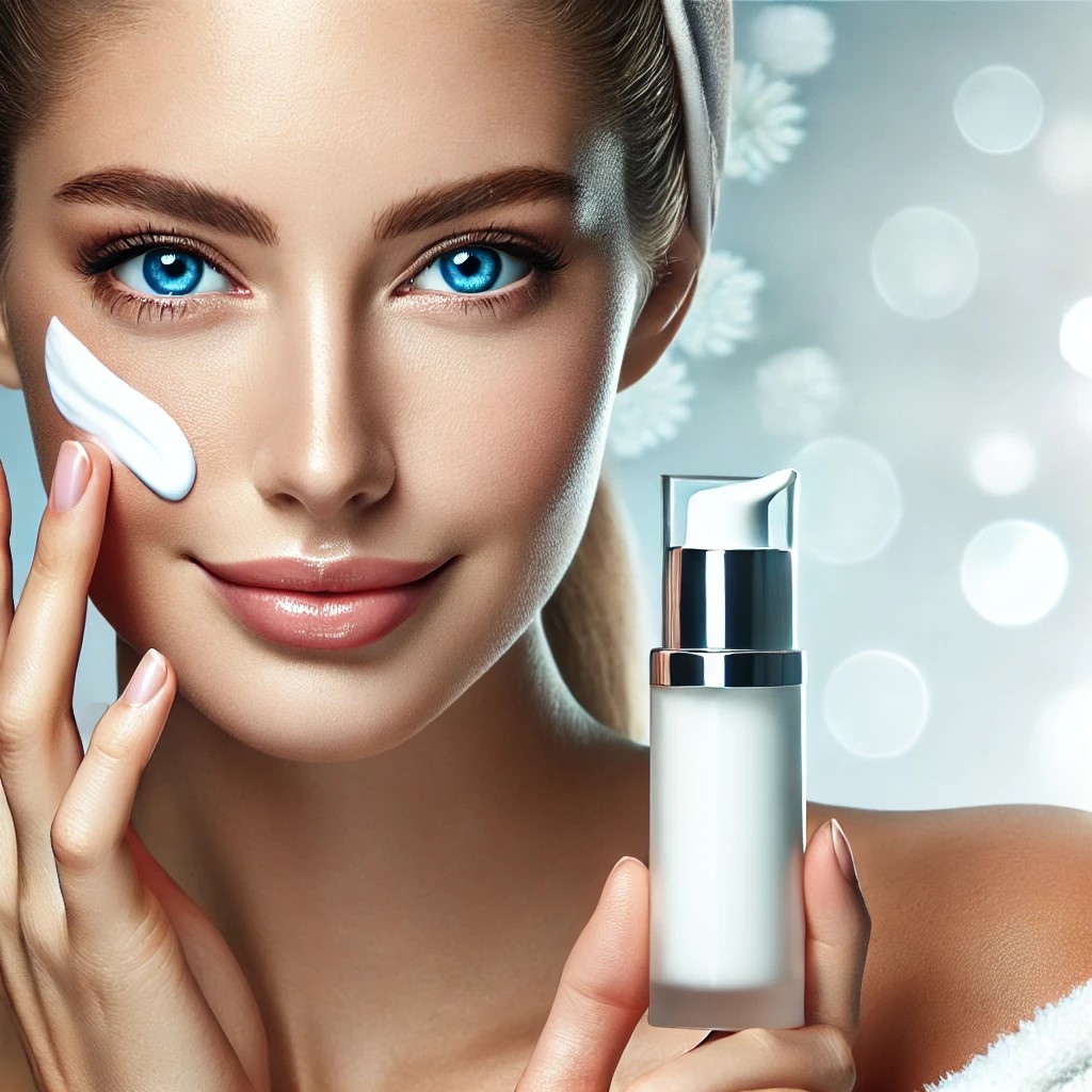 A woman applying a skincare product to her face, representing the use of Tranexamic Acid in cosmetic applications with a clean and modern aesthetic