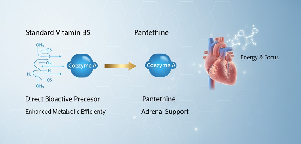 Infographic comparing Vitamin B5 and Pantethine as a direct Coenzyme A precursor for better metabolic efficiency