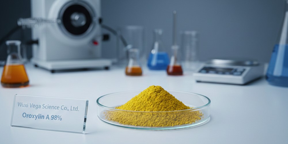High-purity Oroxylin A 98% yellow crystalline powder produced by Wuxi Vega Science.