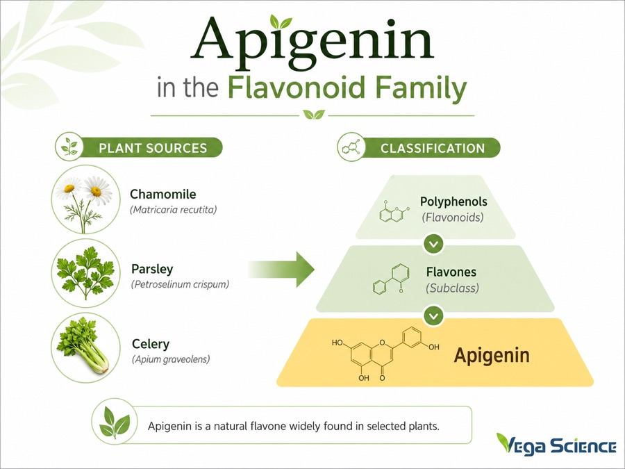Apigenin natural source and ingredient classification illustration