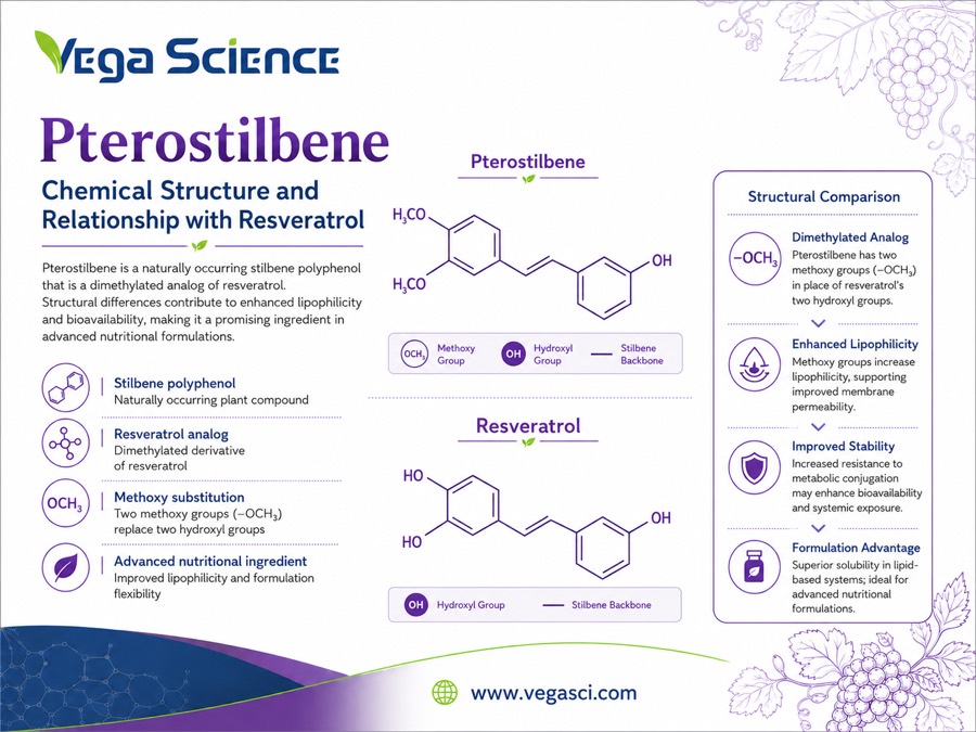 Pterostilbene and resveratrol structure comparison showing methoxy substitution