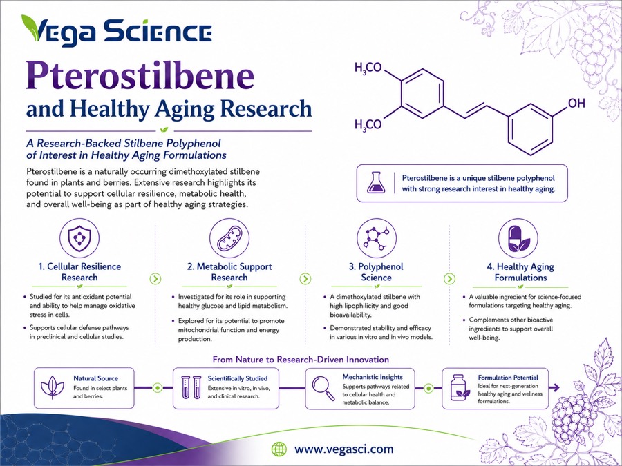 Pterostilbene healthy aging research overview with cellular and metabolic support themes