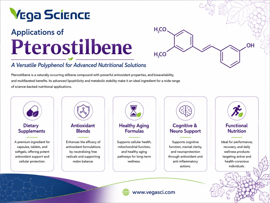 Pterostilbene application infographic for nutritional formulations and antioxidant blends