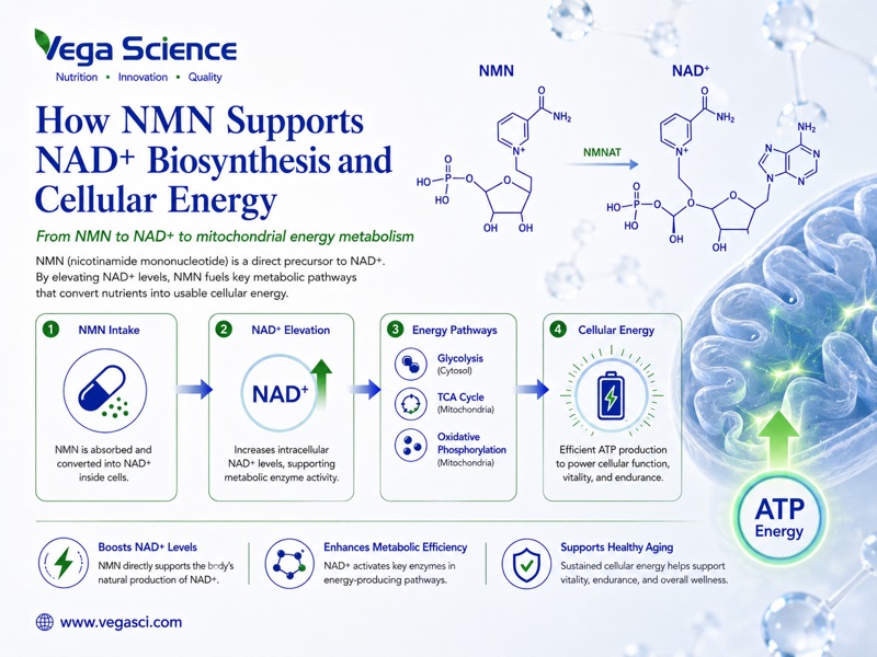 NMN NAD and cellular energy research infographic