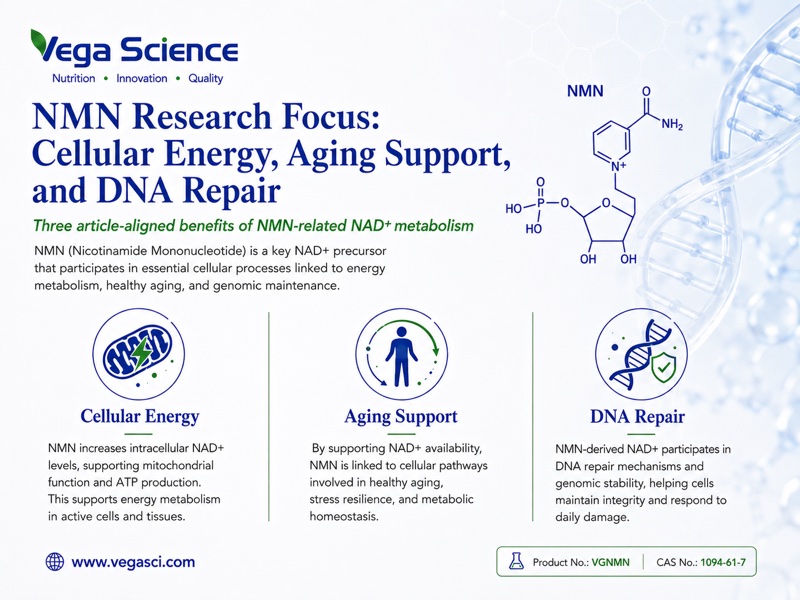 NMN research focus infographic for cellular energy and healthy aging context