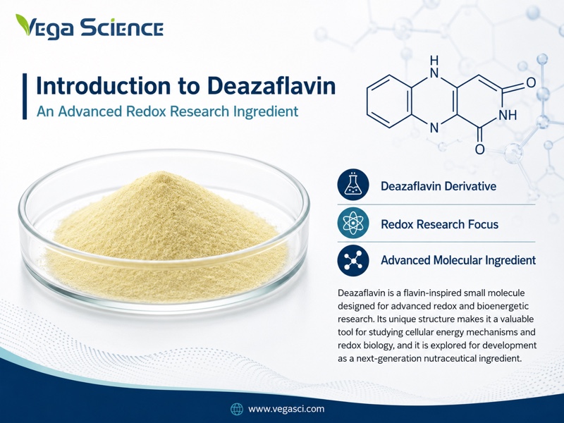 Deazaflavin product introduction and basic ingredient identity infographic