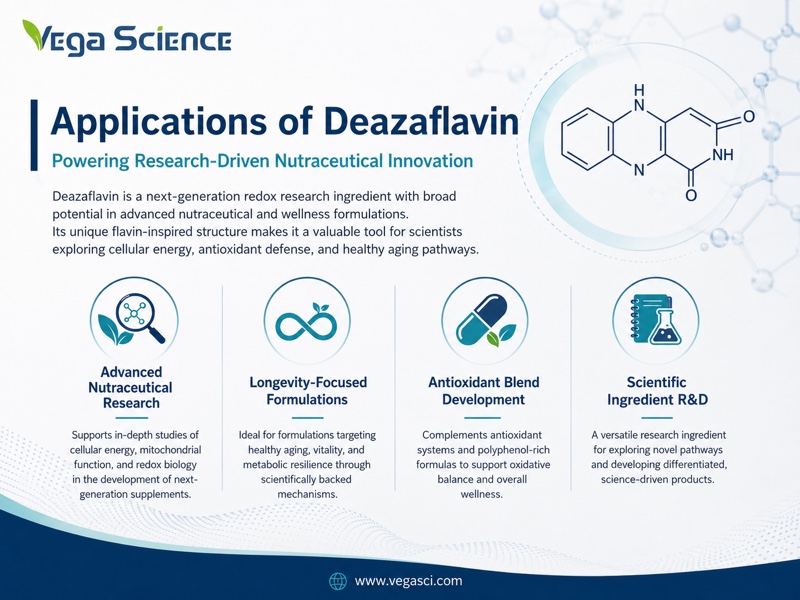 Deazaflavin applications and formulation context infographic