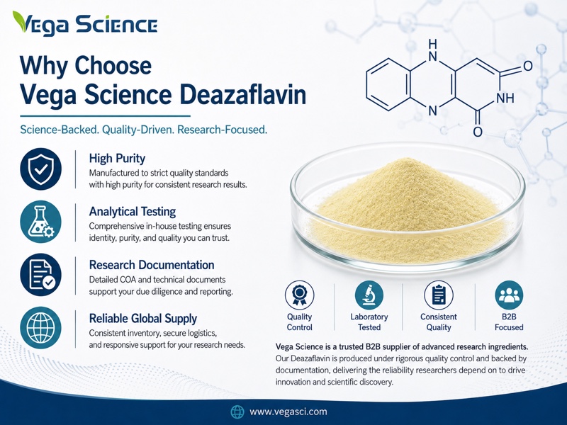 Deazaflavin supplier quality, testing, documentation and supply support infographic