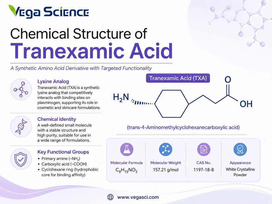 Tranexamic Acid chemical structure illustration with functional groups and product identity